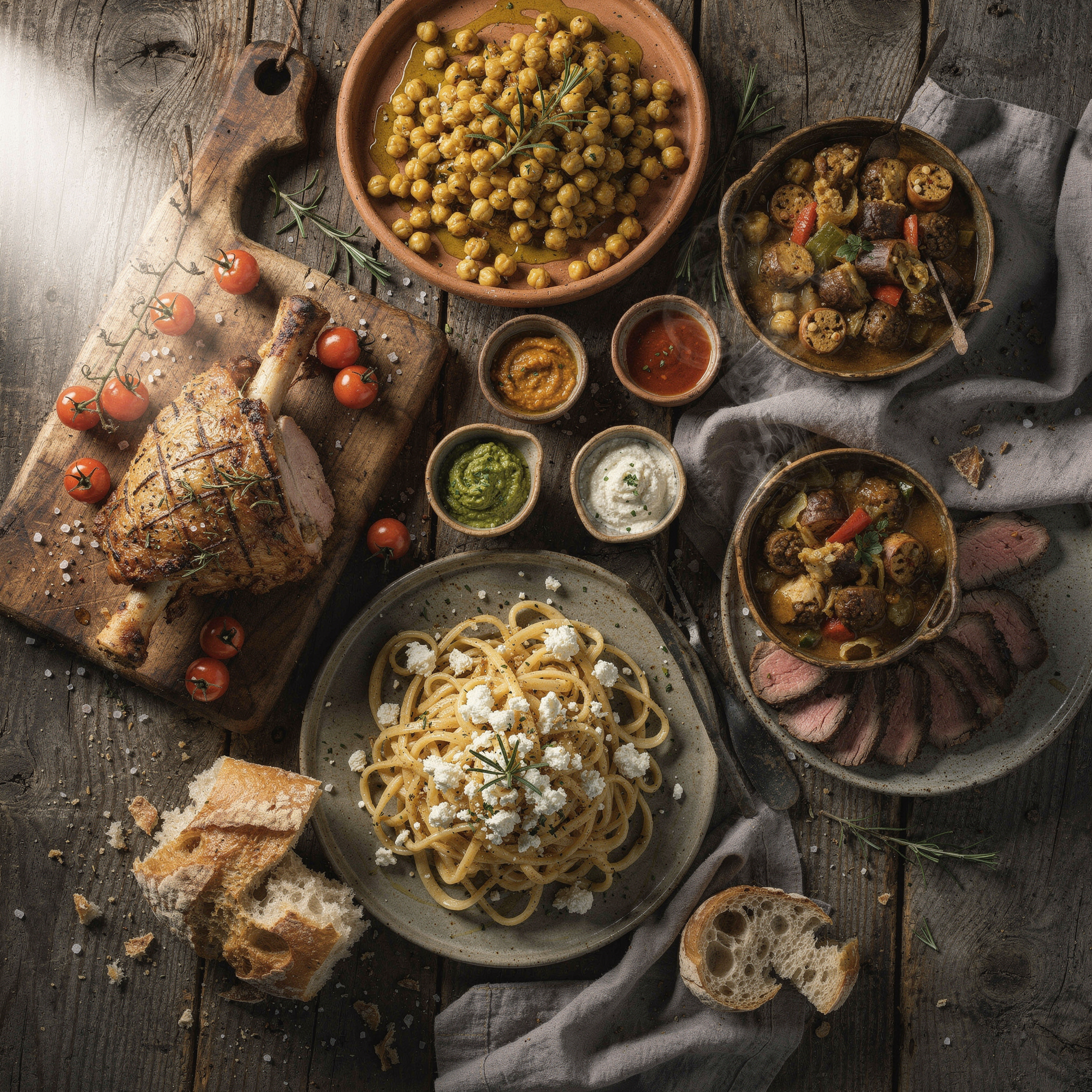Free AI photo: Rustic Feast On Dark Wood. A hearty meal spread on a wooden table with various dishes and bread.. Categories: Food & Drink, Photography. Colours: Orange, Gray.