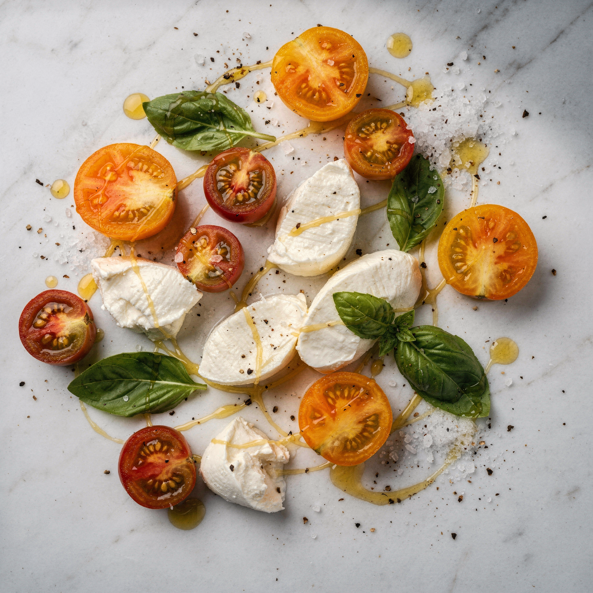 Free AI photo: Fresh Heirloom Tomatoes And Mozzarella. Vibrant ingredients on a marble surface evoke a bright and airy mood.. Categories: Food & Drink, Photography. Colours: Gray, Orange.