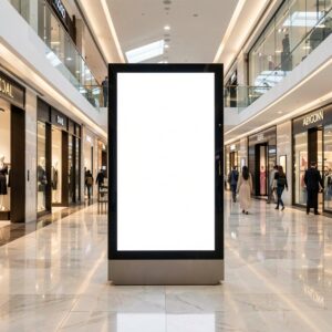 Free AI photo: Modern Mall Digital Lightbox Display. An elegant interior of a modern mall with a digital lightbox waiting for content.. Categories: Architecture, Mockups, Technology. Colours: Orang…