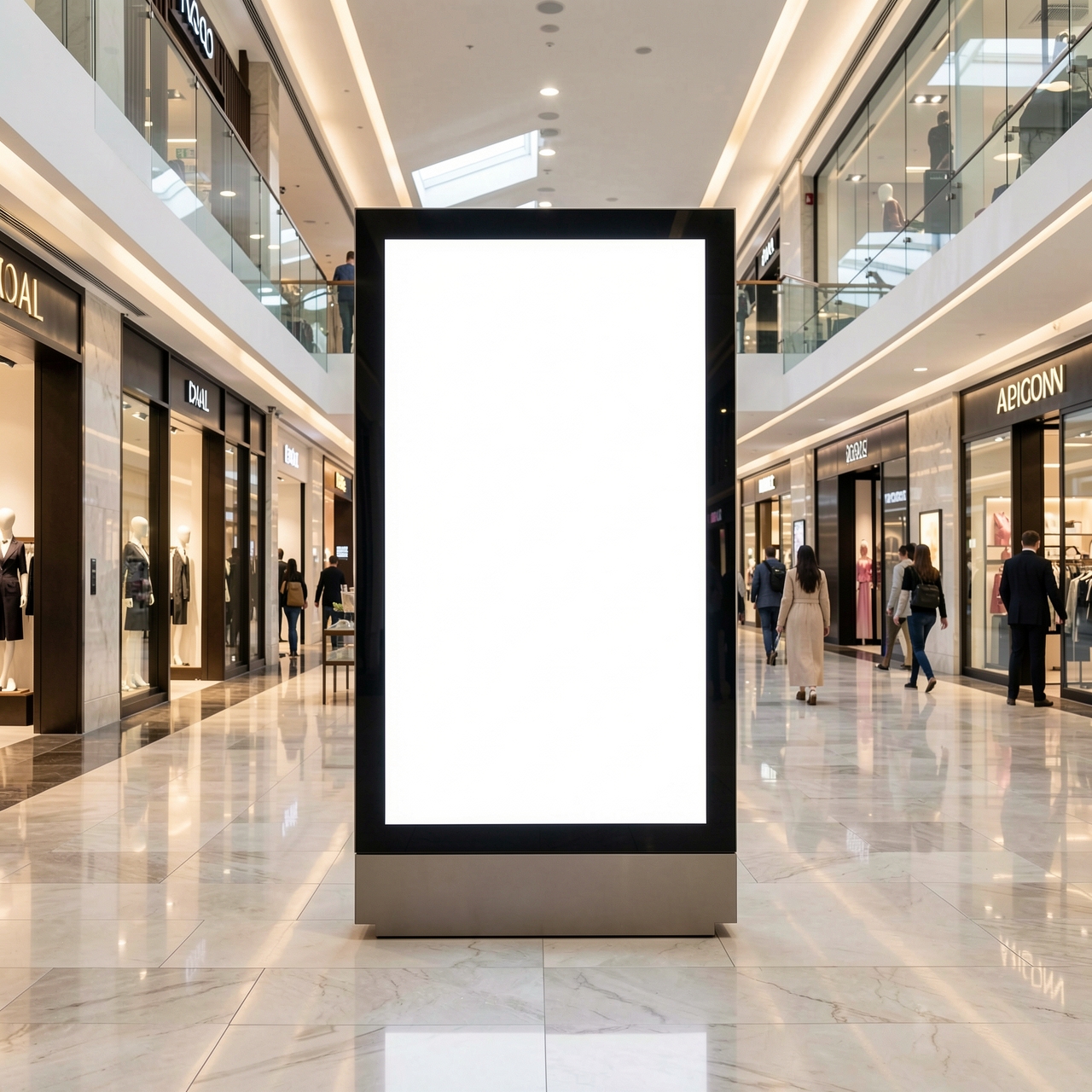 An elegant interior of a modern mall with a digital lightbox waiting for content.
