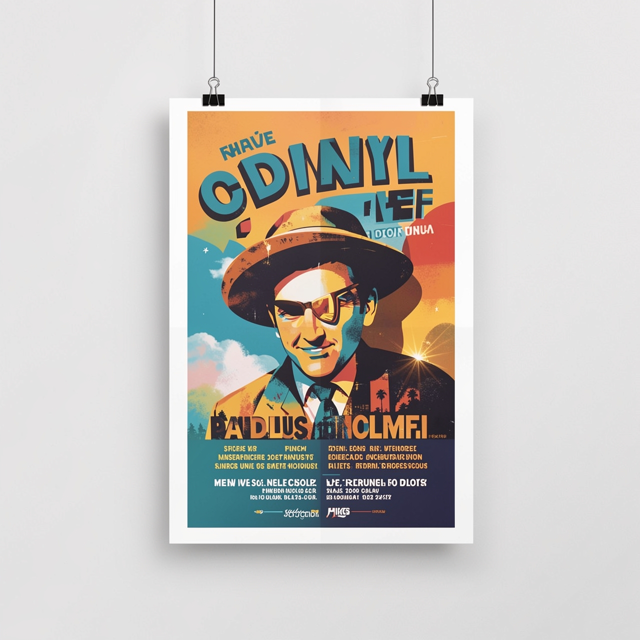 A vibrant poster hangs on a wall with attractive graphics and text.