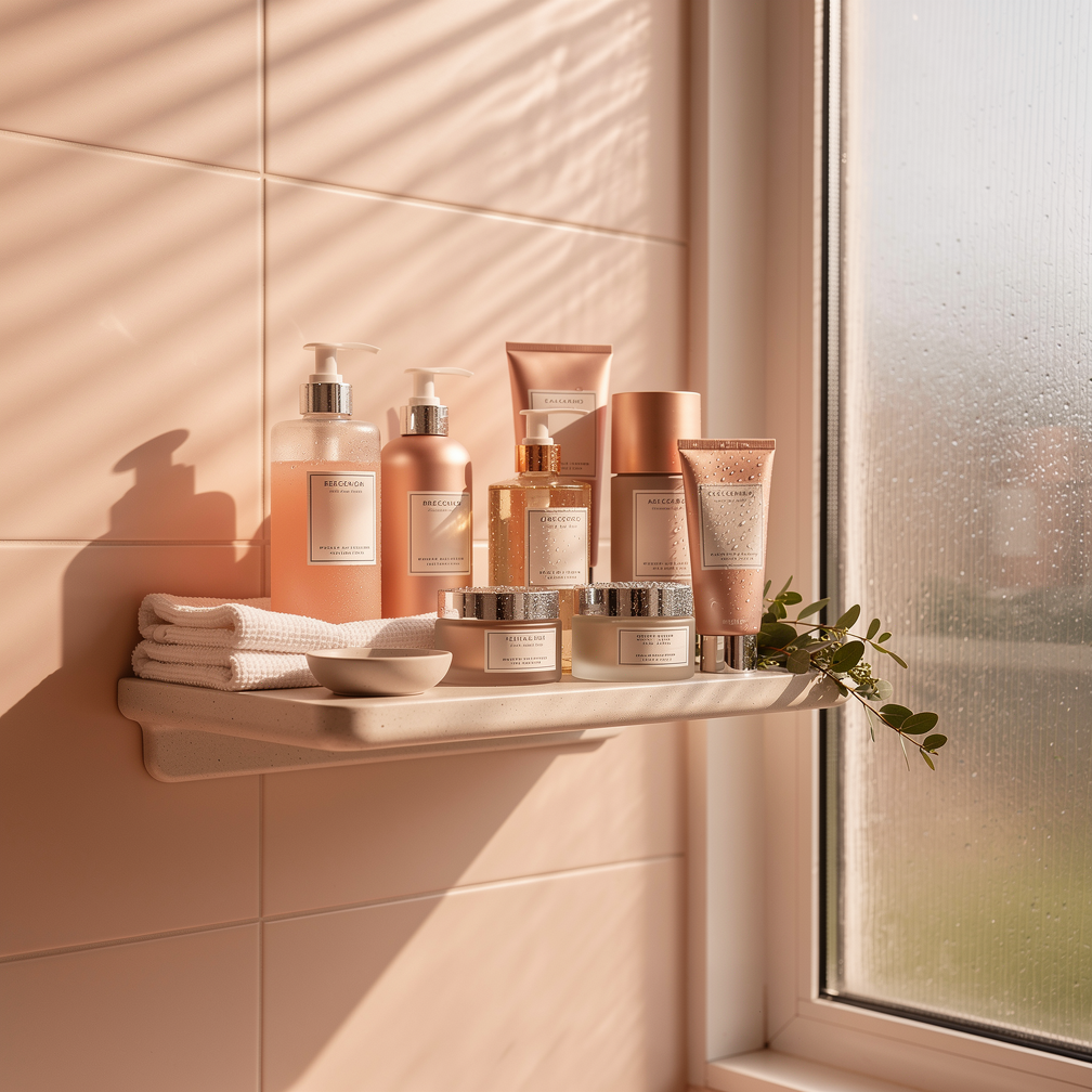 Skincare products on a ceramic shelf in a modern bathroom with natural light.
