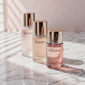 Free AI photo: Skincare Products On Marble. Soft natural light illuminates skincare bottles on a marble surface.. Categories: Fashion, Photography. Colours: Gray, Orange, Red.