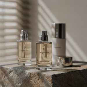 Free AI photo: Skincare Products On Stone. Skincare bottles sit on a textured stone surface with soft natural light.. Categories: Fashion, Photography. Colours: Gray, Orange.