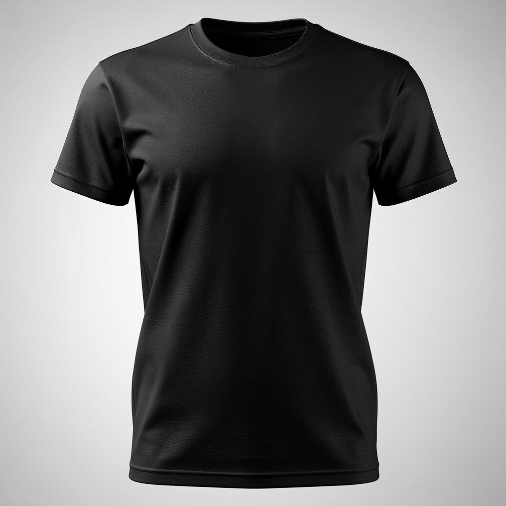 Free AI photo: Black Cotton T Shirt Mockup. A sleek black t-shirt is centered against a light gray background with soft lighting.. Categories: Fashion, Mockups, Photography. Colours: Gray, Black.