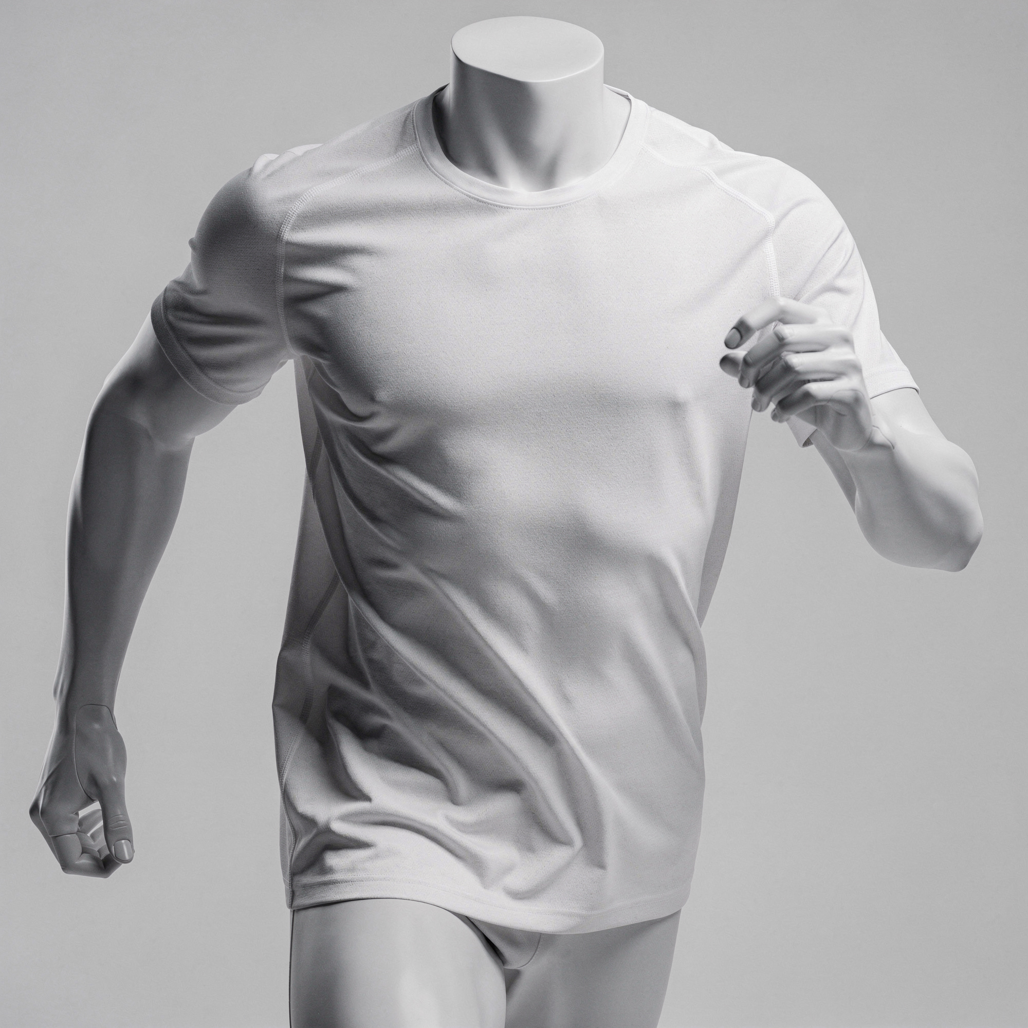 Free AI photo: Athletic Jersey Mockup. A sleek jersey on a mannequin in motion against a gray background.. Categories: Fashion, Mockups. Colour: Gray.