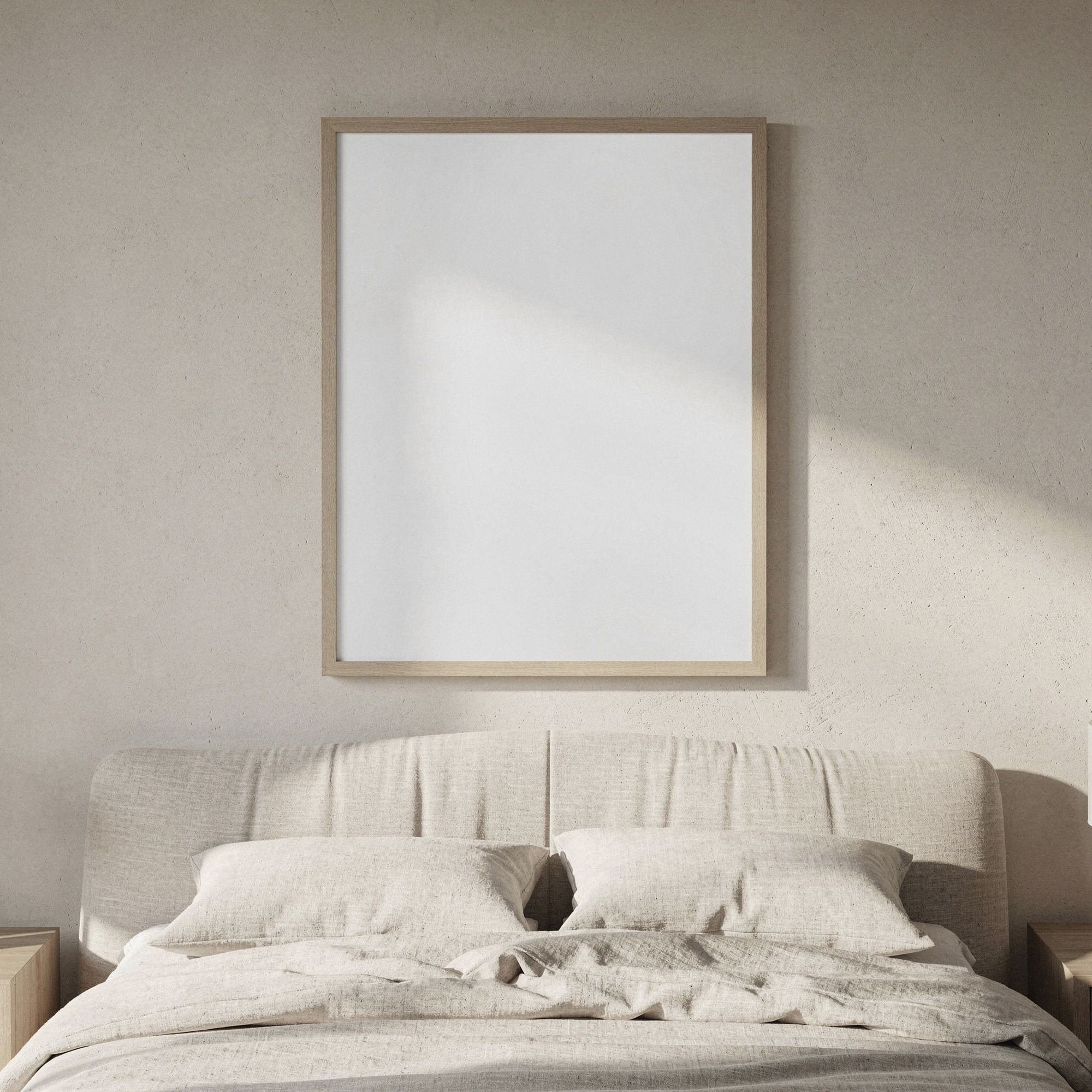 Free AI photo: Minimal Bedroom Poster Mockup. A serene bedroom scene with a framed poster on the wall, lit by soft morning light.. Categories: Mockups, Photography. Colours: Gray, Orange.