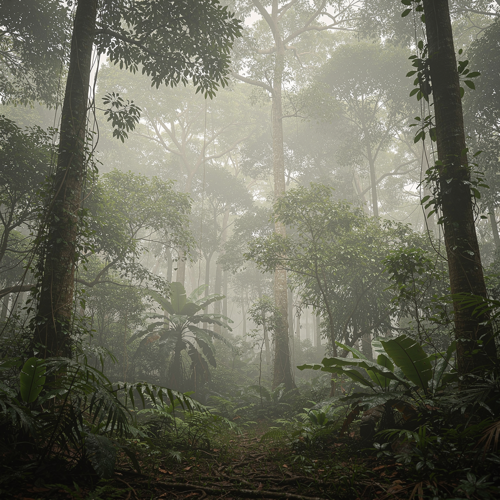 Misty jungle scene with layered trees and soft lighting.