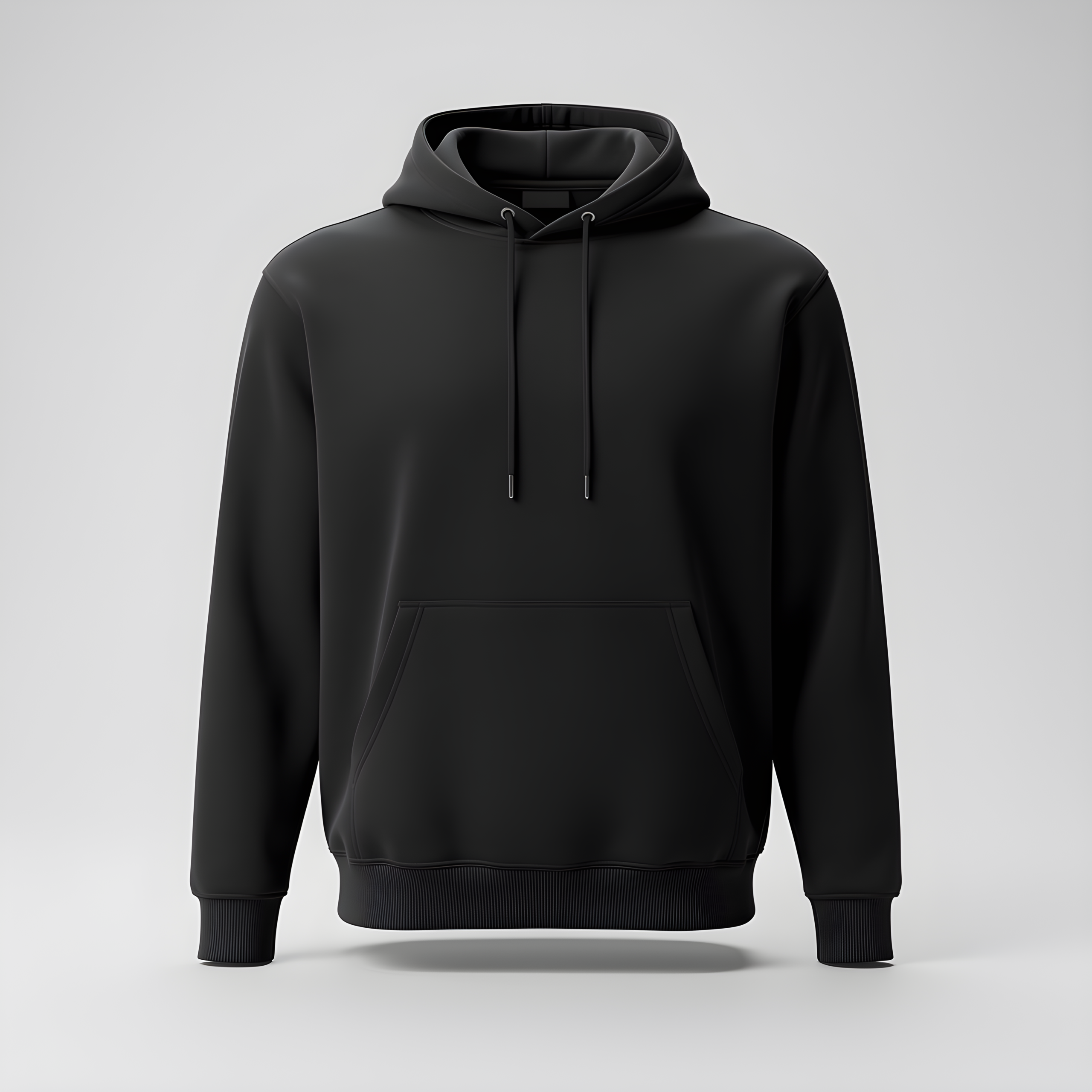 Free AI photo: Black Cotton Hoodie Mockup. A blank black hoodie is centered on a light gray backdrop with soft lighting.. Categories: Fashion, Mockups, Photography. Colour: Gray.