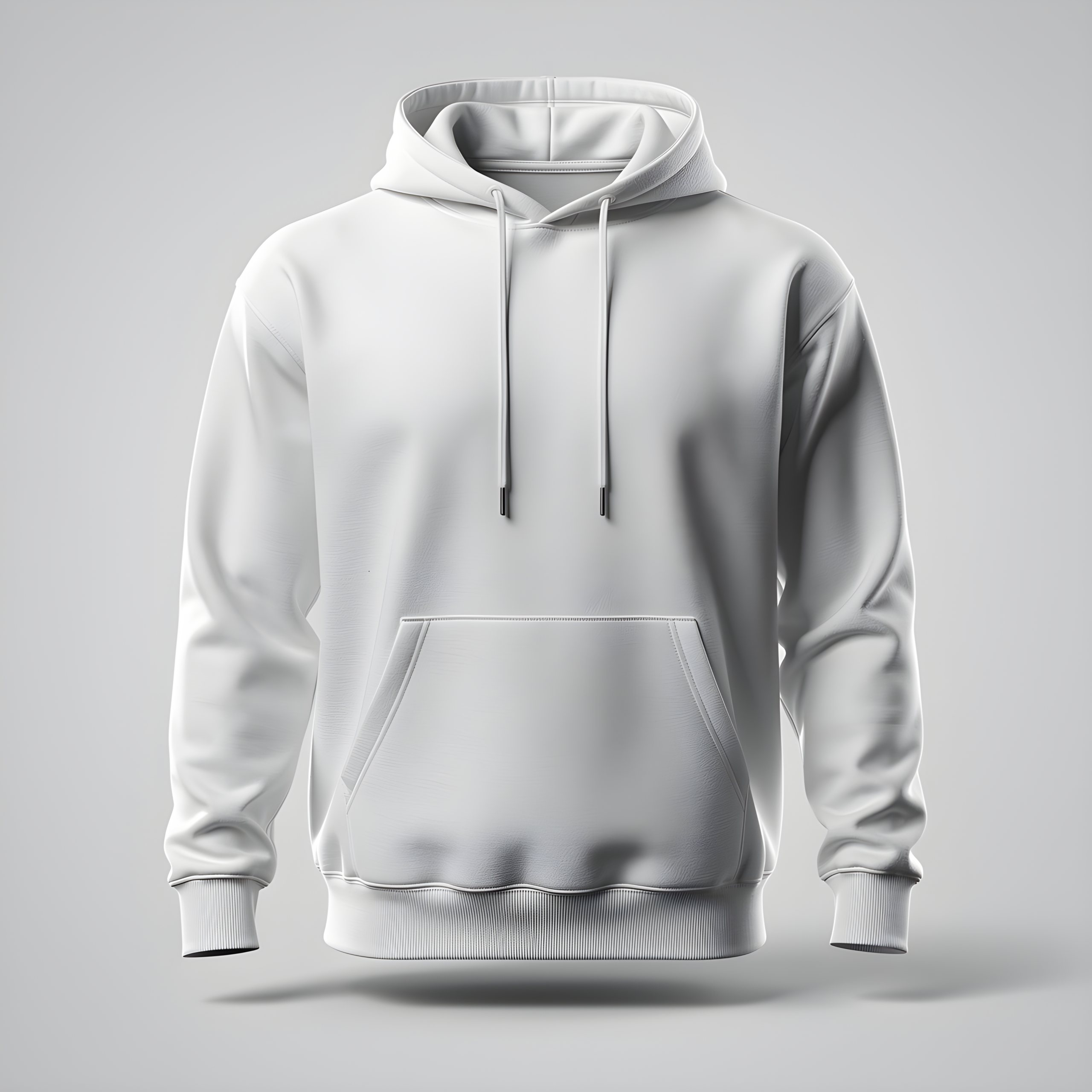Free AI photo: Blank White Cotton Hoodie Mockup. A clean white hoodie is centered on a light gray backdrop with soft lighting.. Categories: Fashion, Mockups, Photography. Colour: Gray.