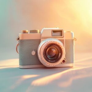Free AI photo: Retro Camera on a Soft. Retro camera on a soft, pastel blue background with warm, golden afternoon light and shallow depth.. Category: Retro. Colours: Orange, Gray.