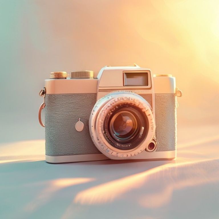 Retro camera on a soft, pastel blue background with warm, golden afternoon light and shallow depth.