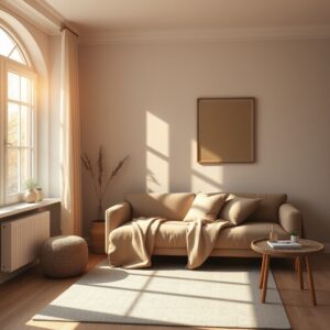 Free AI photo: Scandinavian. Scandinavian-inspired interior scene with warm sunlight casting long shadows, calm atmosphere, neutral palette, realistic textures, minimalist editorial design, high-en…