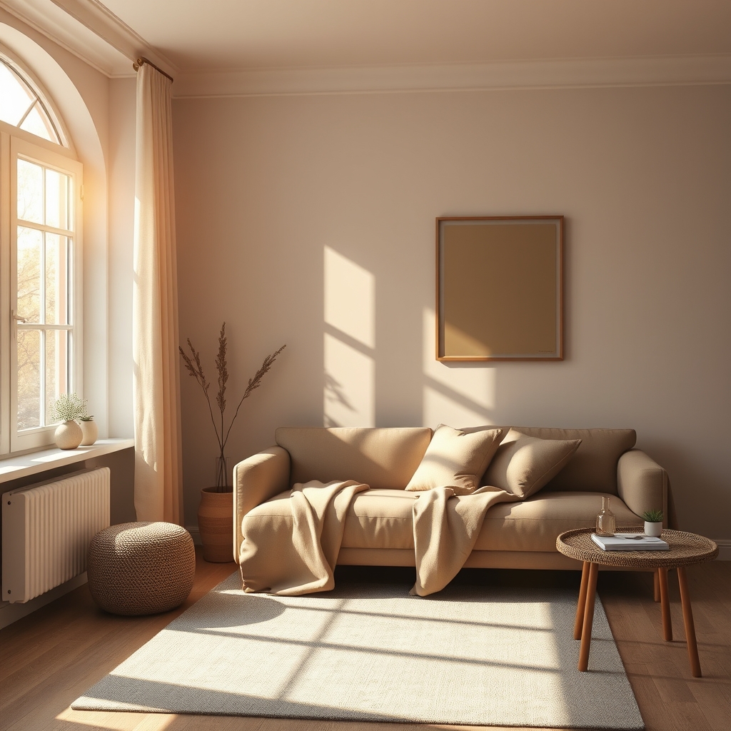 Scandinavian-inspired interior scene with warm sunlight casting long shadows, calm atmosphere, neutral palette, realistic textures, minimalist editorial design, high-end lifestyle photography