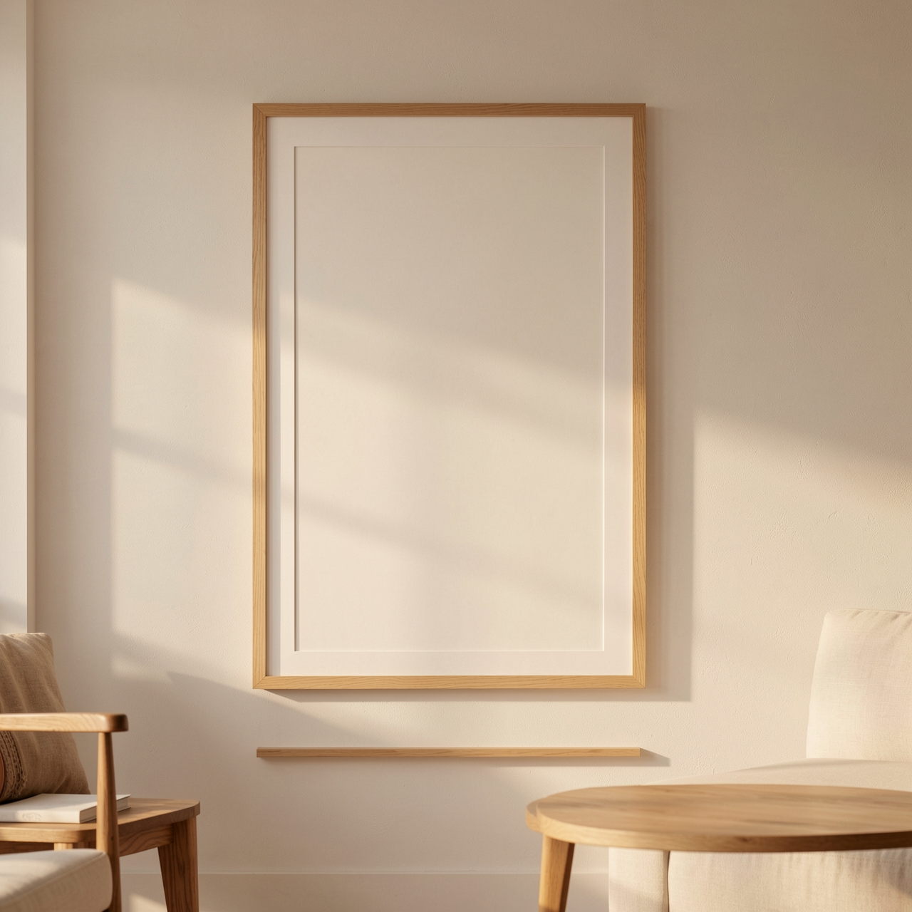 A large empty frame hangs on a light wall with minimal furniture nearby.