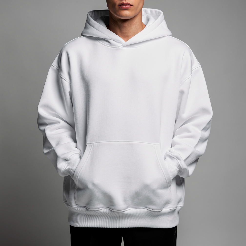 Free AI photo: Model In Oversized Hoodie. A model stands against a light gray backdrop wearing a white hoodie.. Categories: Fashion, Mockups, Photography. Colour: Gray.