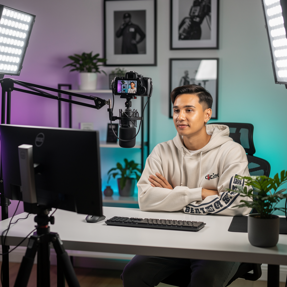 Free AI photo: Influencer Home Studio Setup. A content creator records a video in a modern home studio with ambient lighting.. Categories: Photography, Technology. Colours: Gray, Black.