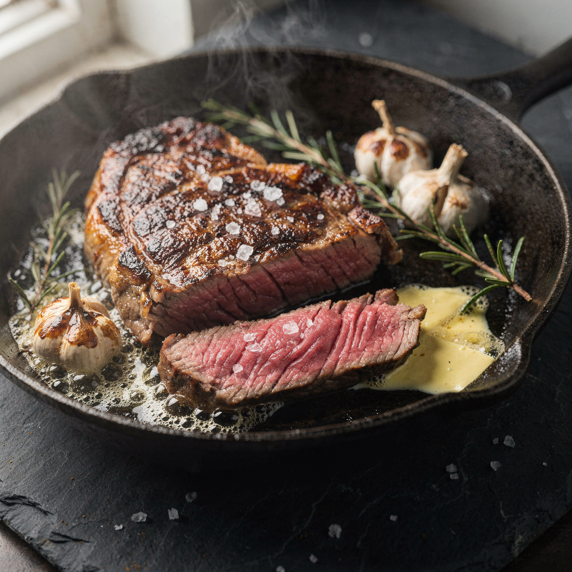 Free AI photo: Seared Ribeye In Cast Iron Skillet. A juicy ribeye steak is perfectly seared in a cast iron skillet.. Categories: Food & Drink, Photography. Colours: Gray, Black, Orange.