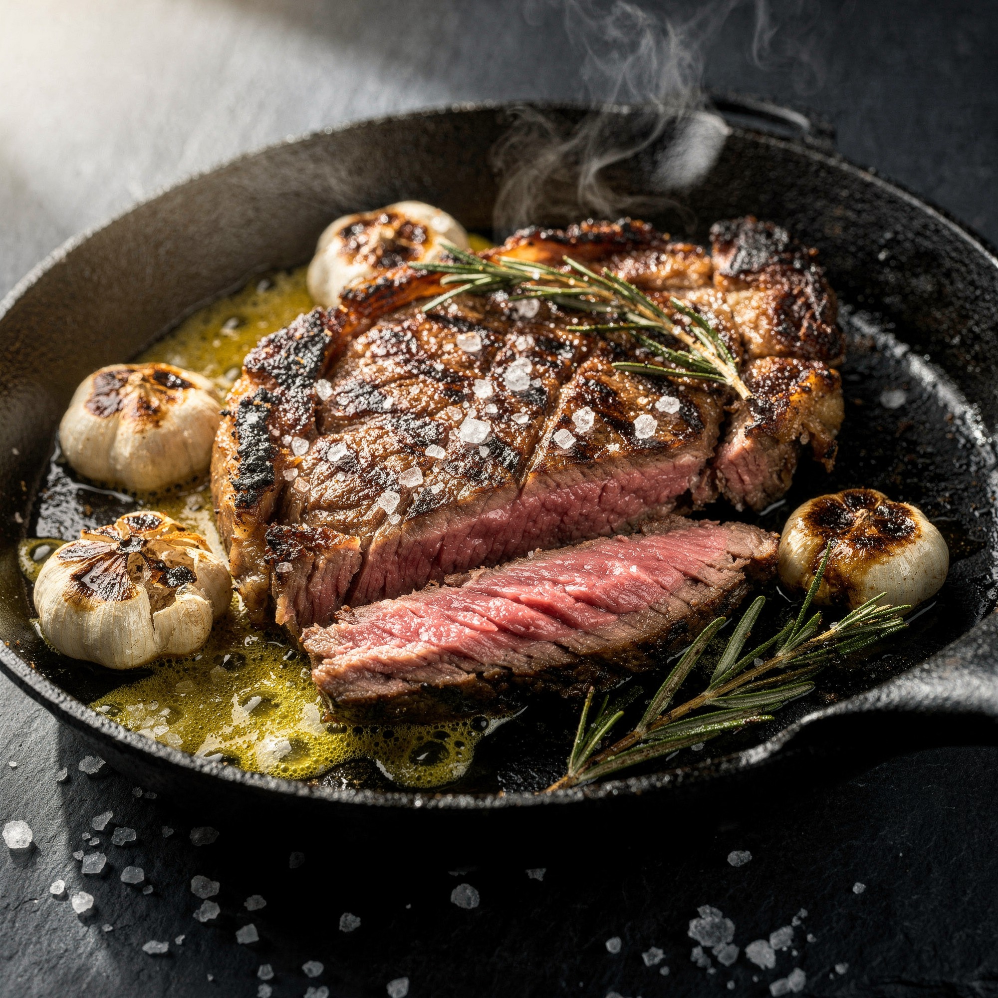 Free AI photo: Seared Ribeye In Cast Iron Skillet. A juicy ribeye steak is perfectly seared in a cast iron skillet.. Categories: Food & Drink, Photography. Colours: Orange, Black, Gray.
