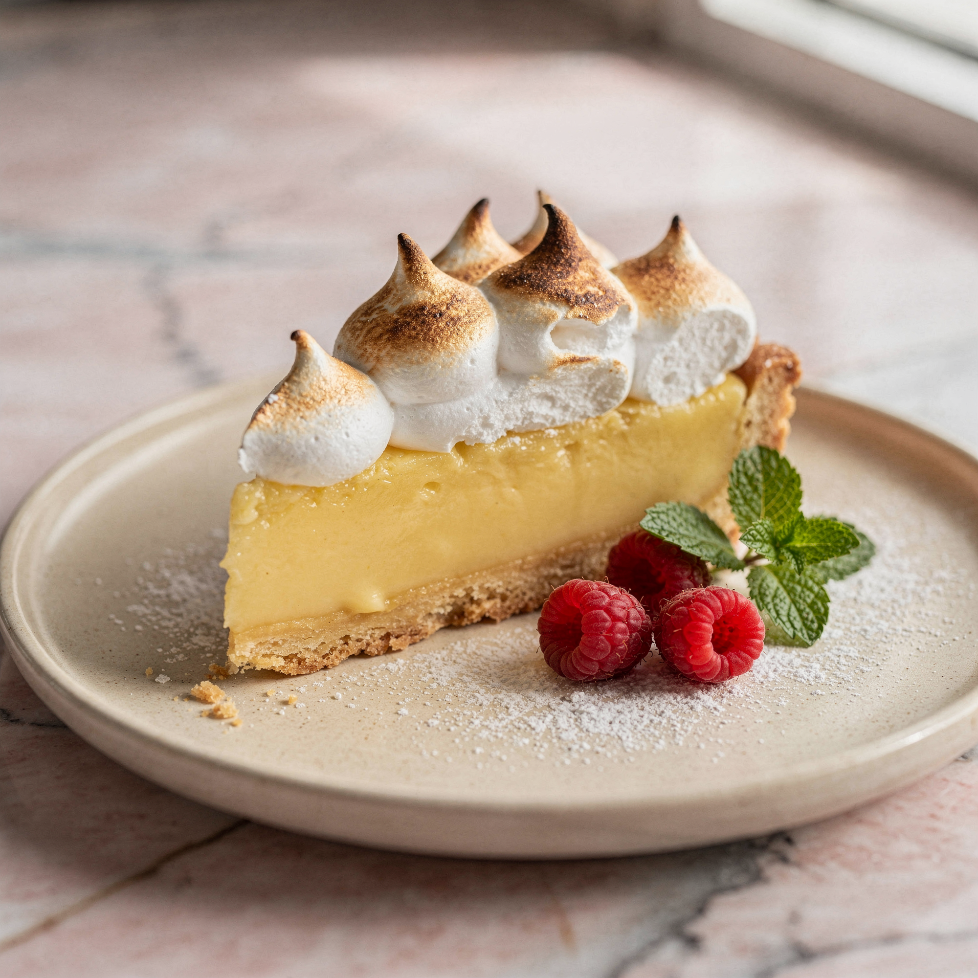 Free AI photo: Lemon Tart On Marble Surface. A delicate lemon tart sits on a pastel marble surface surrounded by fresh raspberries and mint.. Categories: Food & Drink, Photography. Colours: Ora…