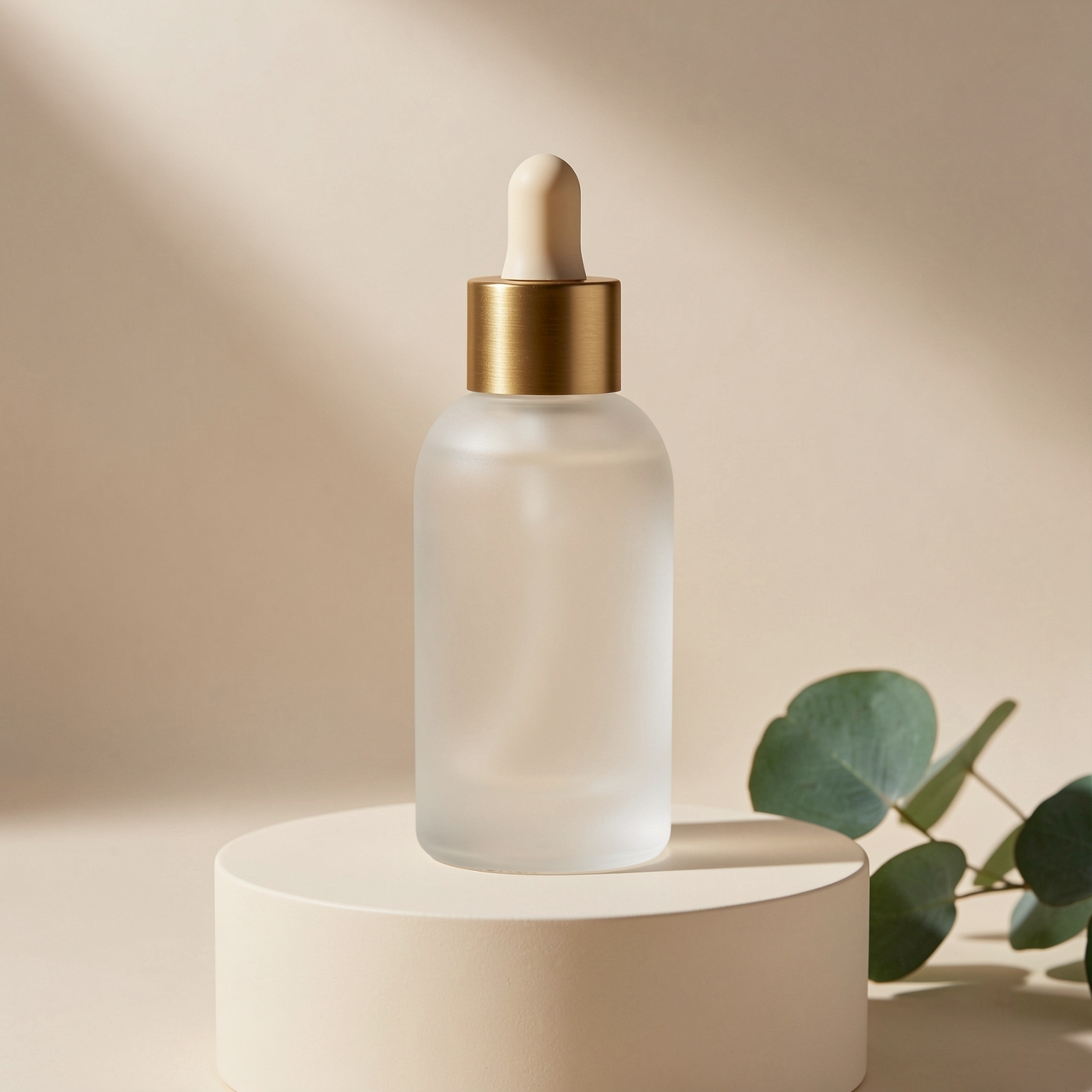{
    "title": "Luxury Skincare Bottle — Editorial Studio",
    "category": "Beauty / Cosmetics",
    "prompt": "A premium frosted glass skincare serum bottle with a brushed gold dropper cap, centered on a smooth matte cream-colored pedestal. The bottle catches a soft directional studio light from the upper left, producing a delicate gradient reflection along its curved surface and a subtle elongated shadow on the right. A single eucalyptus leaf rests beside the base, slightly out of focus. Back