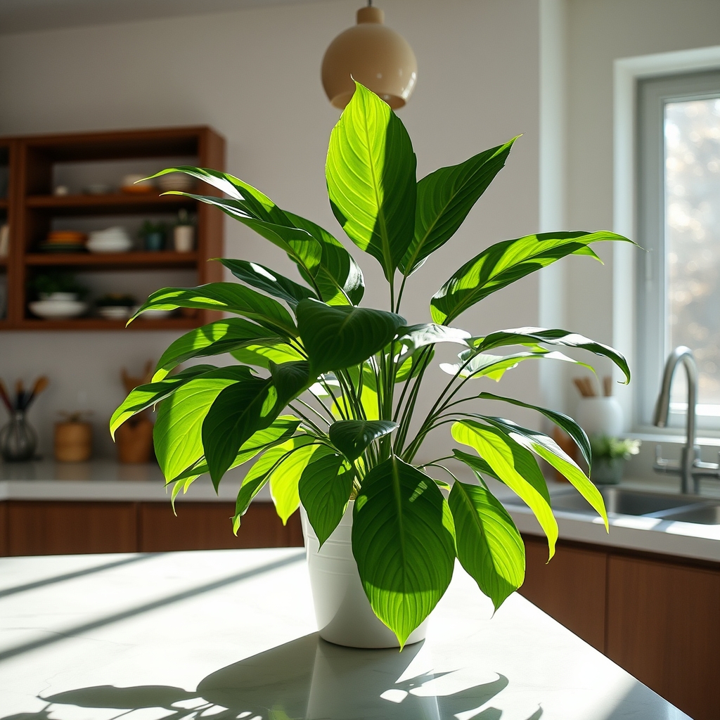 Tropical houseplant on a sunlit kitchen counter, mid-morning, lifestyle photo