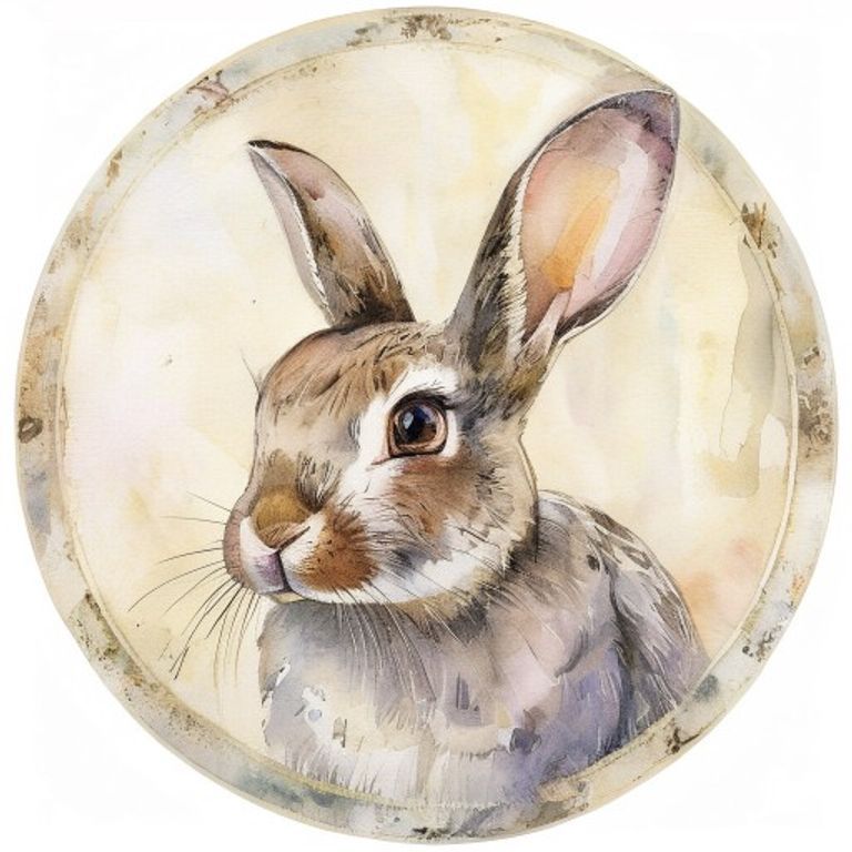 Whimsical watercolor rabbit in muted pastels, set against soft golden light, within a vintage circular frame.