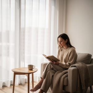 Free AI photo: Woman Reading By Large Window. A woman enjoys a book with coffee beside a large window.. Categories: Photography, Portrait. Colours: Orange, Gray, White.